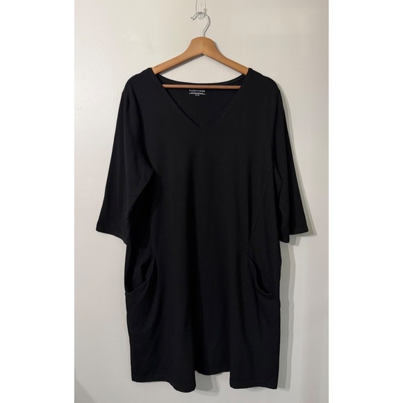 Eileen Fisher Jersey Dress 3/4 Sleeve V Neck Black Organic Cotton Pockets XL - Picture 1 of 8
